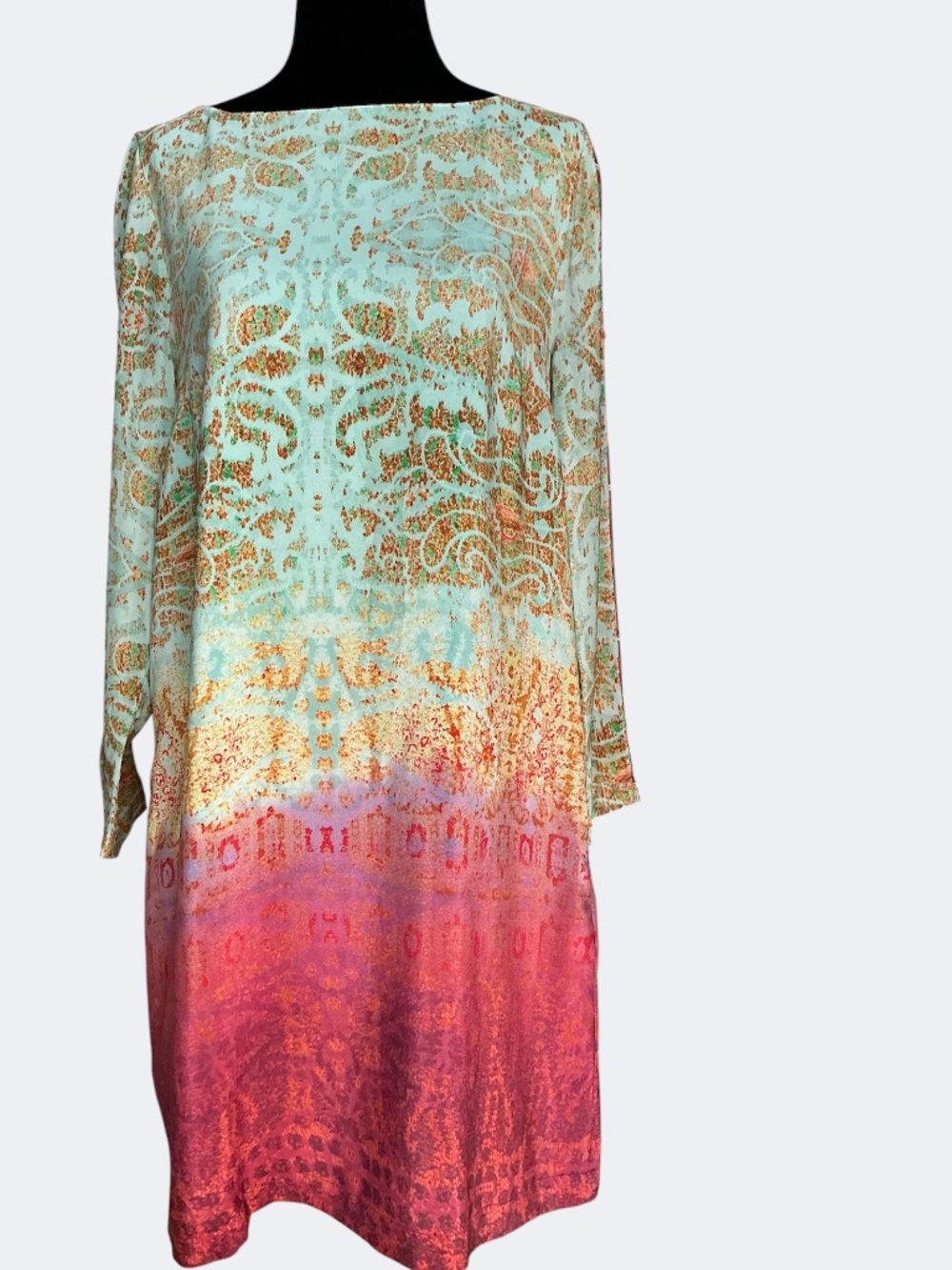 Anthropologie Maeve Cleome Silk Ombré Watercolor Tunic Dress Green Pink SZ S